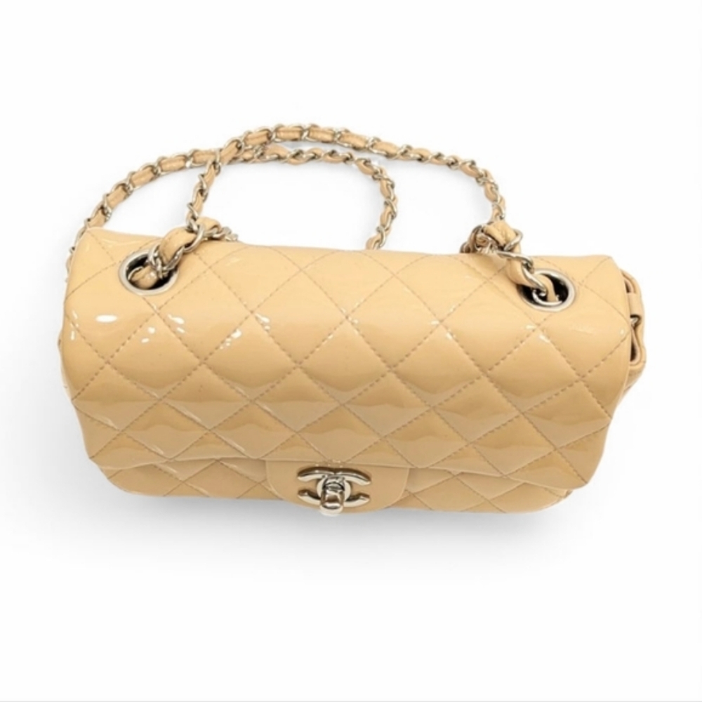 Chanel Classic Mini Rectangular Flap Bag Peach Beige Patent Leather - Picture 16 of 17